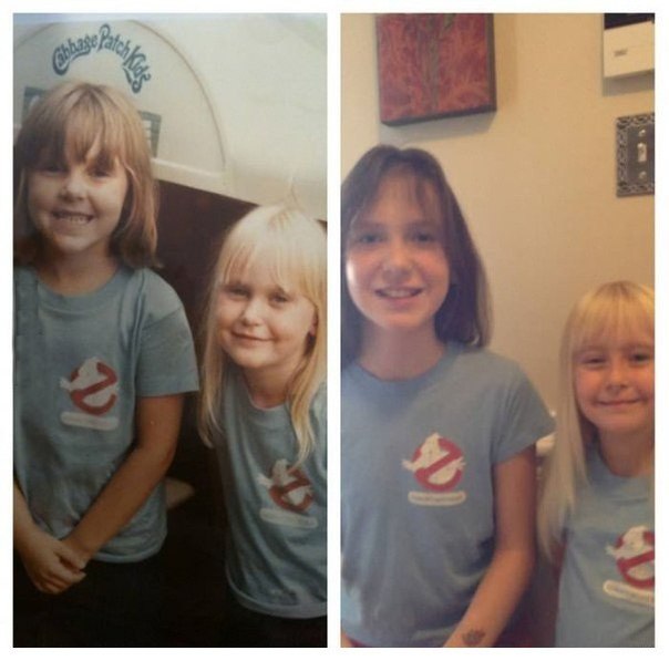 Я и моя сестра в 1984, и мои дочки сейчас