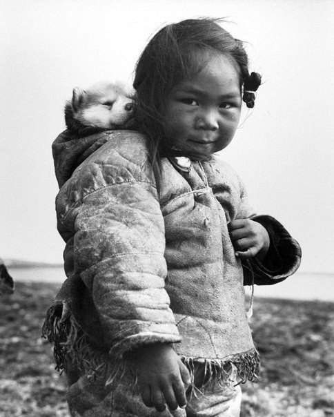 Девочка эскимос со своим щенком хаски, 1949 г.